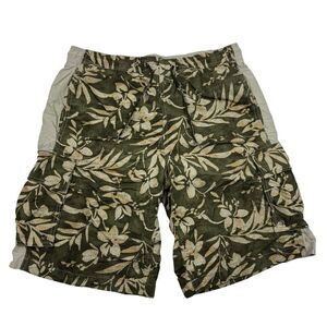 Eddie Bauer Green Floral Swim Trunks Cargo Pockets Drawstring Mesh Lined Sz M